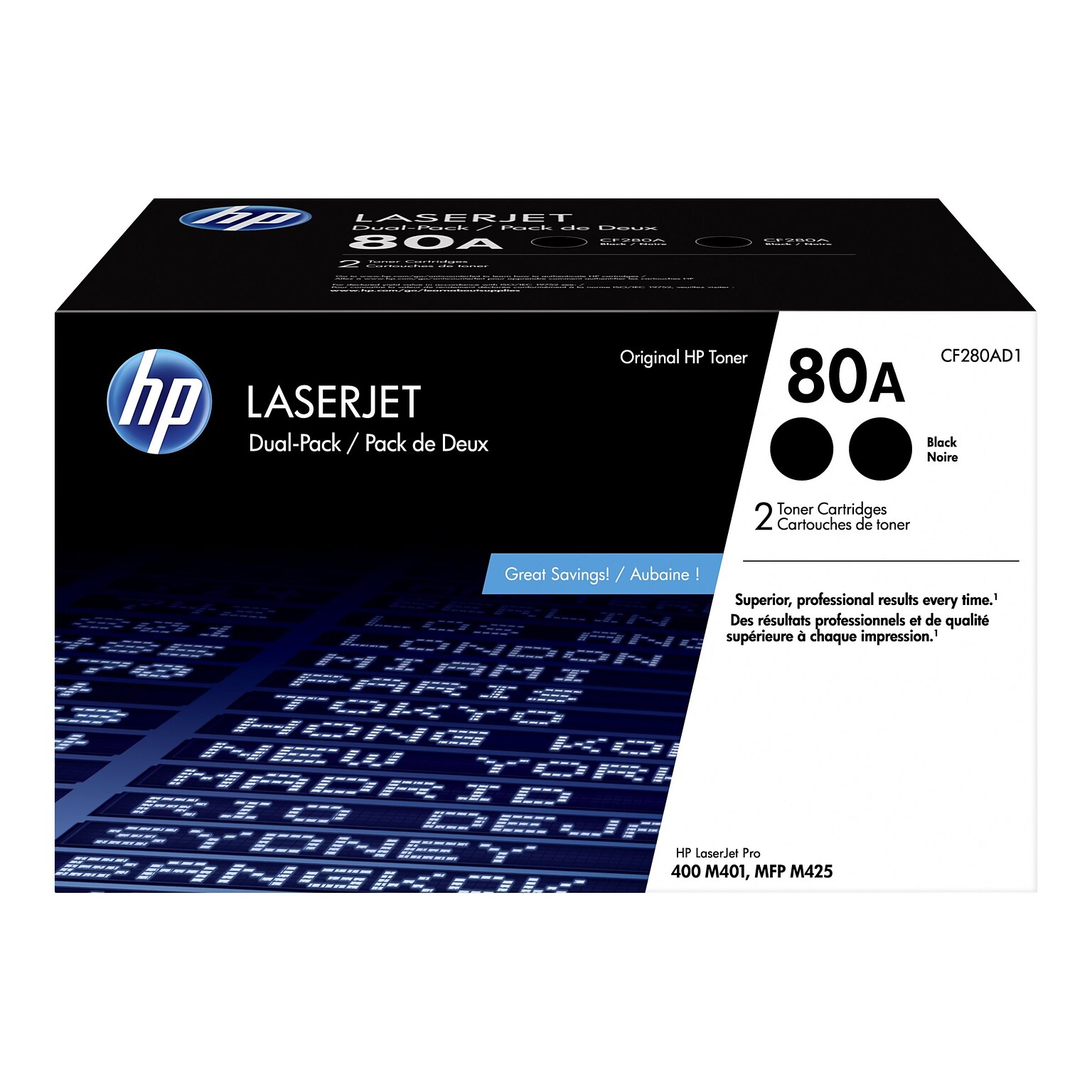 HP 80A Black Standard Yield Toner Cartridge, 2/Pack  (CF280AD1)