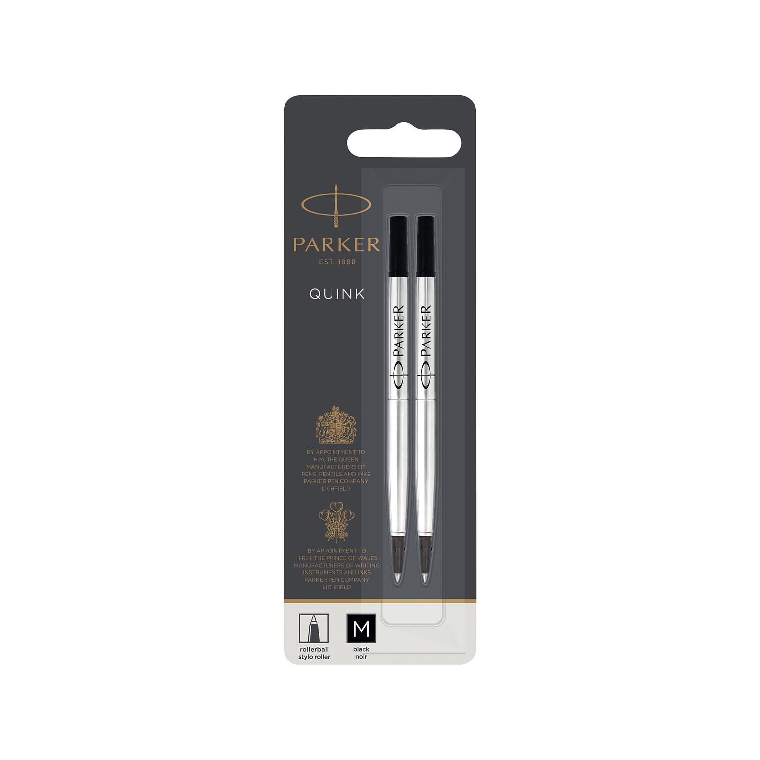 Parker Quink Rollerball Pen Refill, Medium Tip, Black Ink, 2/Pack (1950325)