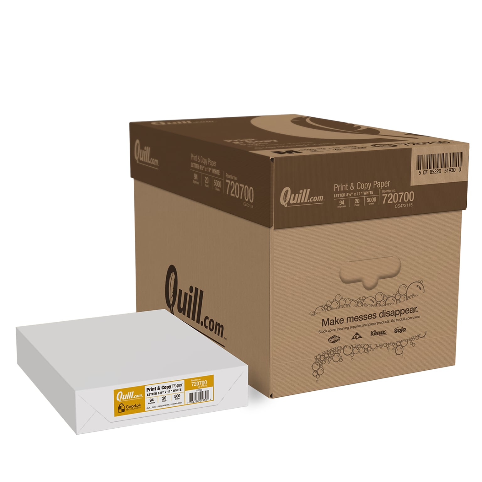 Quill Brand® 8.5 x 11 Multipurpose Copy Paper, 20 lbs., 94 Brightness, 500 Sheets/Ream, 10 Reams/Carton (720700CT)
