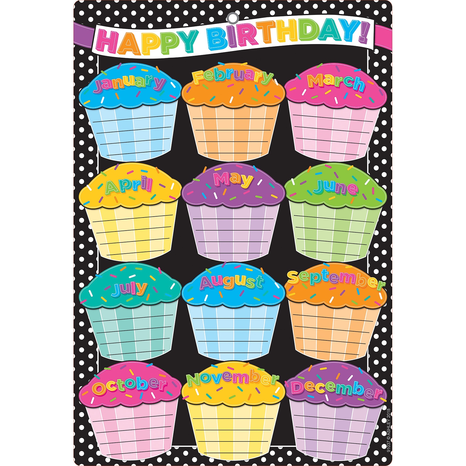 Ashley Productions Smart Poly Chart, 13 x 19, B&W Polka Dots Happy Birthday, w/Grommet (ASH91037)