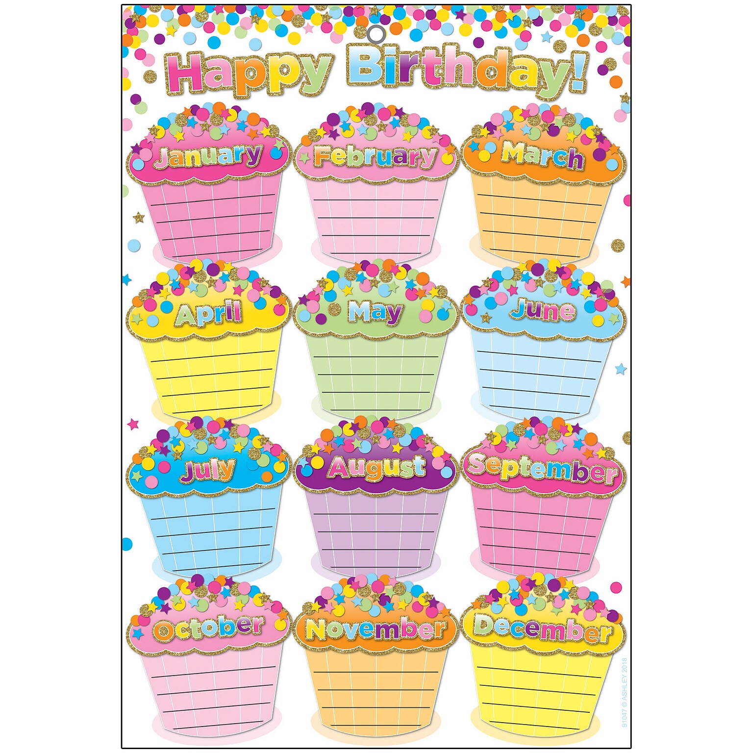 Ashley Productions Smart Poly Chart, 13 x 19, Confetti Happy Birthday, w/Grommet (ASH91047)