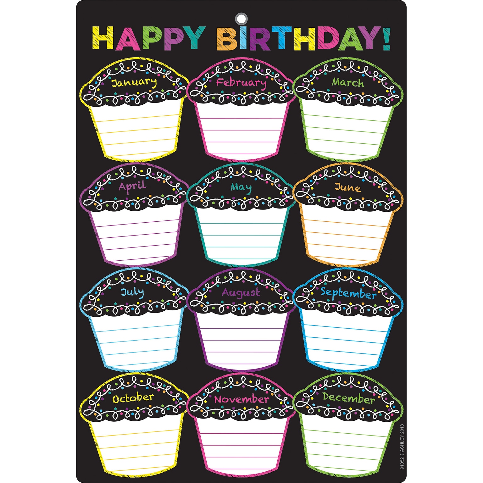Ashley Productions Smart Poly Chart, 13 x 19, Chalk Dots with Loops Happy Birthday, w/Grommet (ASH91052)