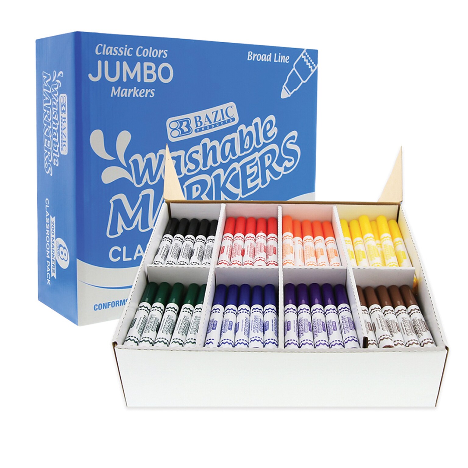 Bazic Washable Markers, Jumbo Classroom Pack, Assorted Colors, 200/Pack (BAZ1235)