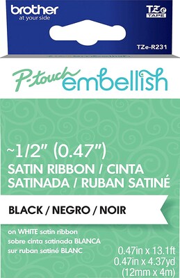 Brother P-Touch Embellish TZe-R231 Label Maker Ribbon, 1/2W, Black on White Satin