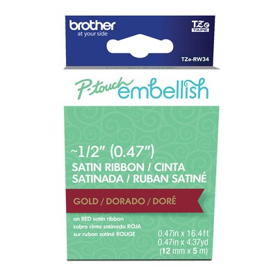 Brother P-Touch Embellish TZe-RW34 Label Maker Ribbon, 1/2W, Gold on Wine Red Satin