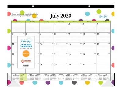 2020-2021 Blue Sky 17 x 22 Desk Pad Calendar, Teacher Dots, Multicolor (105496-A21)