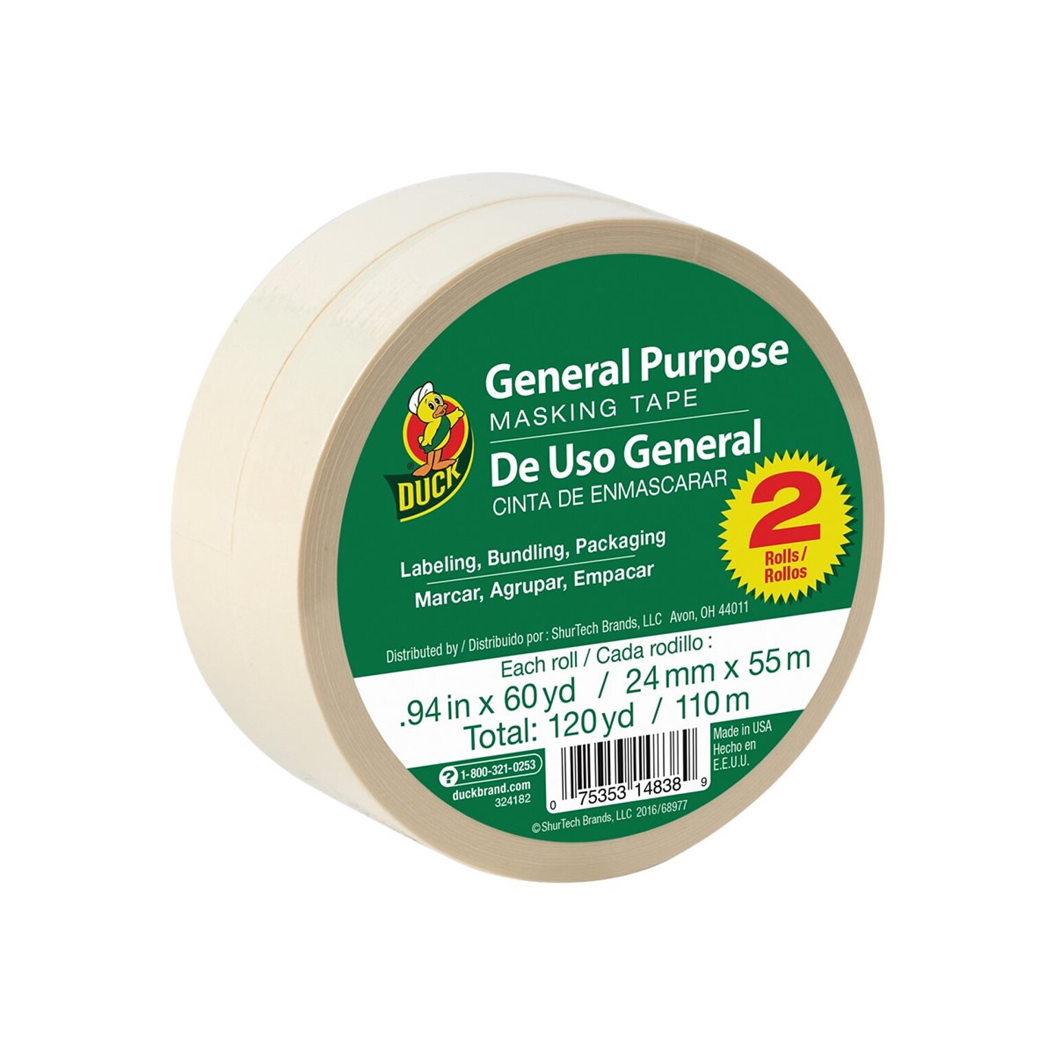 Duck General Purpose Heavy Duty Masking Tape, 0.94 x 60 yds., Beige, 2 Rolls/Pack (PG-2-2)