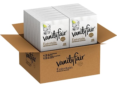 Vanity Fair Entertain Beverage Beverage Napkin, 2-ply, White, 40 Napkins/Pack, 12/Carton (35134)