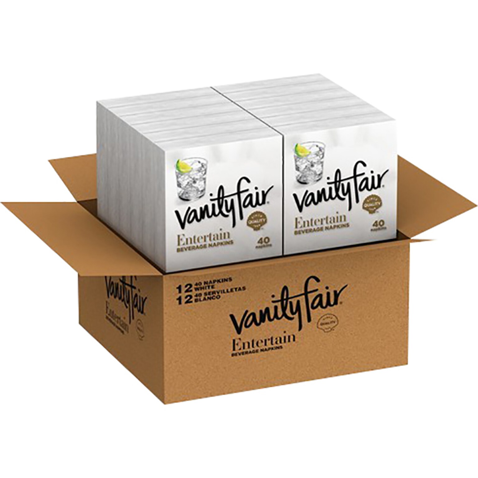 Vanity Fair Entertain Beverage Beverage Napkin, 2-ply, White, 40 Napkins/Pack, 12/Carton (35134)