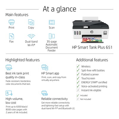 HP Smart Tank Plus 651 Wireless Color Inkjet All-in-One Printer and Fax (7XV38A#B1H)
