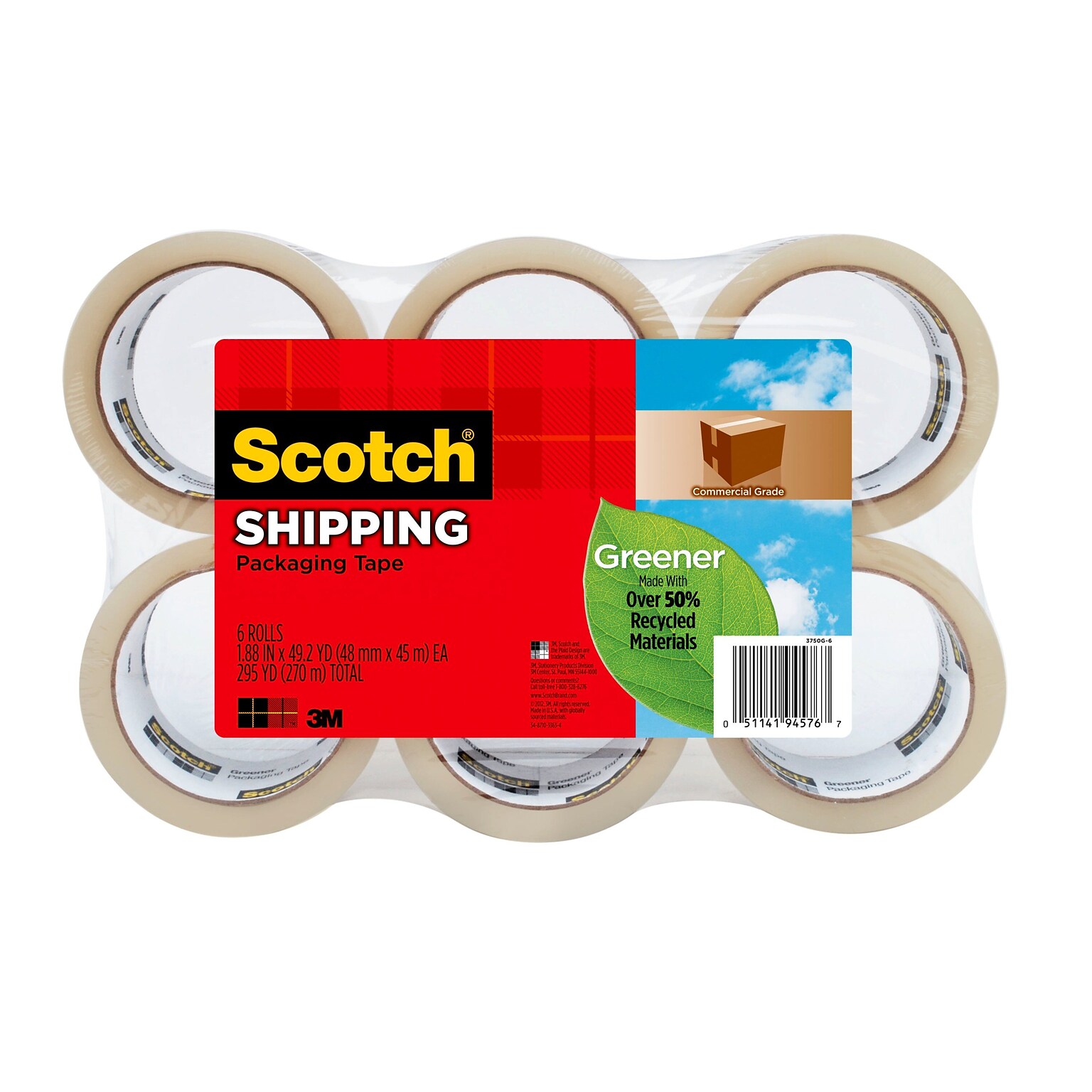 Scotch® Greener™ Commercial Grade Shipping Packing Tape, 1.88 x 49.2 yds., Clear, 6 Rolls (3750G-6)