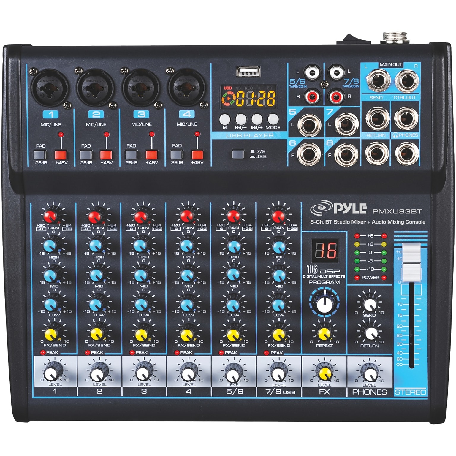 Pyle PMXU83BT Bluetooth 8-Channel Studio Mixer, Black