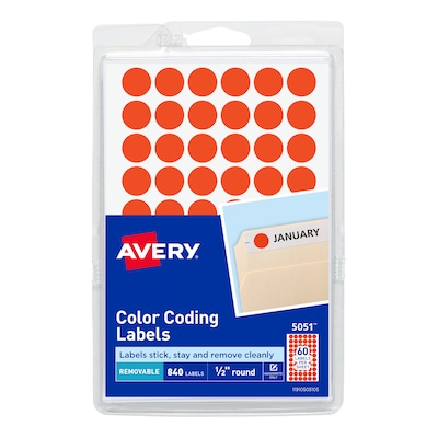 Avery Hand Written Color Coding Labels, 0.5Dia., Neon Red, 60/Sheet, 14 Sheets/Pack  (5051)