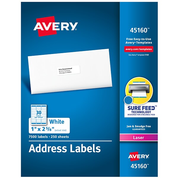 Avery Laser Address Labels, 1 x 2-5/8, White, 30 Labels/Sheet, 250 Sheets/Box, 7500 Labels/Box (45160)