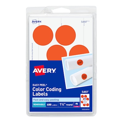 Avery Laser Color Coding Labels, 1 1/4 Dia., Neon Red, 8/Sheet, 50 Sheets/Pack (5497)