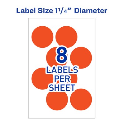 Avery Laser Color Coding Labels, 1 1/4" Dia., Neon Red, 8/Sheet, 50 Sheets/Pack (5497)