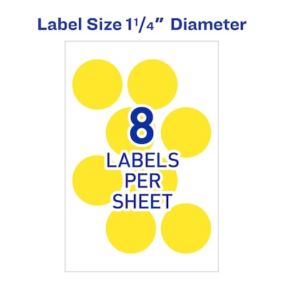 Avery Easy Peel Laser Color Coding Labels, 1 1/4 Dia, Neon Yellow, 8 Labels/Sheet, 50 Sheets/Pack (