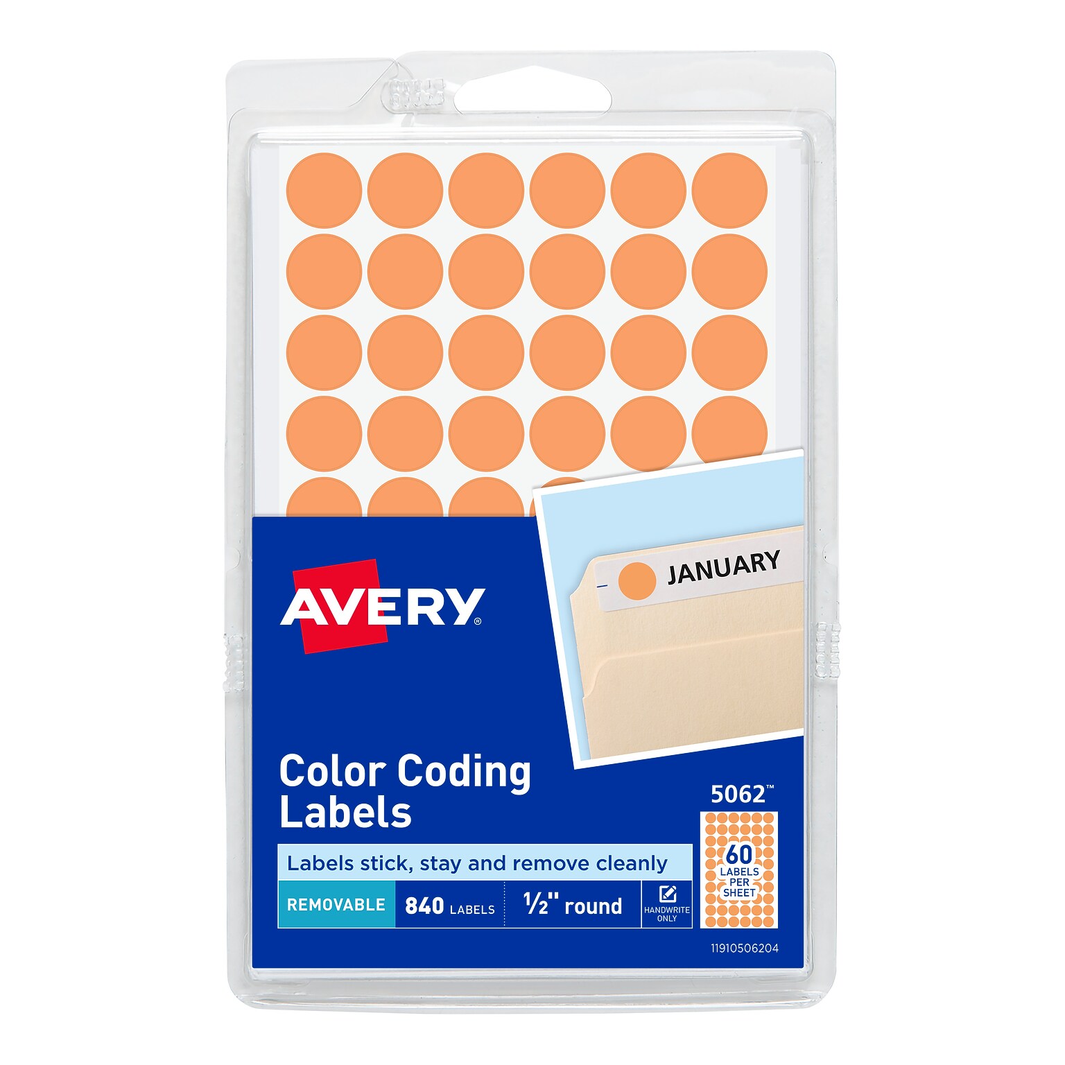 Avery Removable SelfAdhesive Round Paper ColorCoding Label, Orange, 1