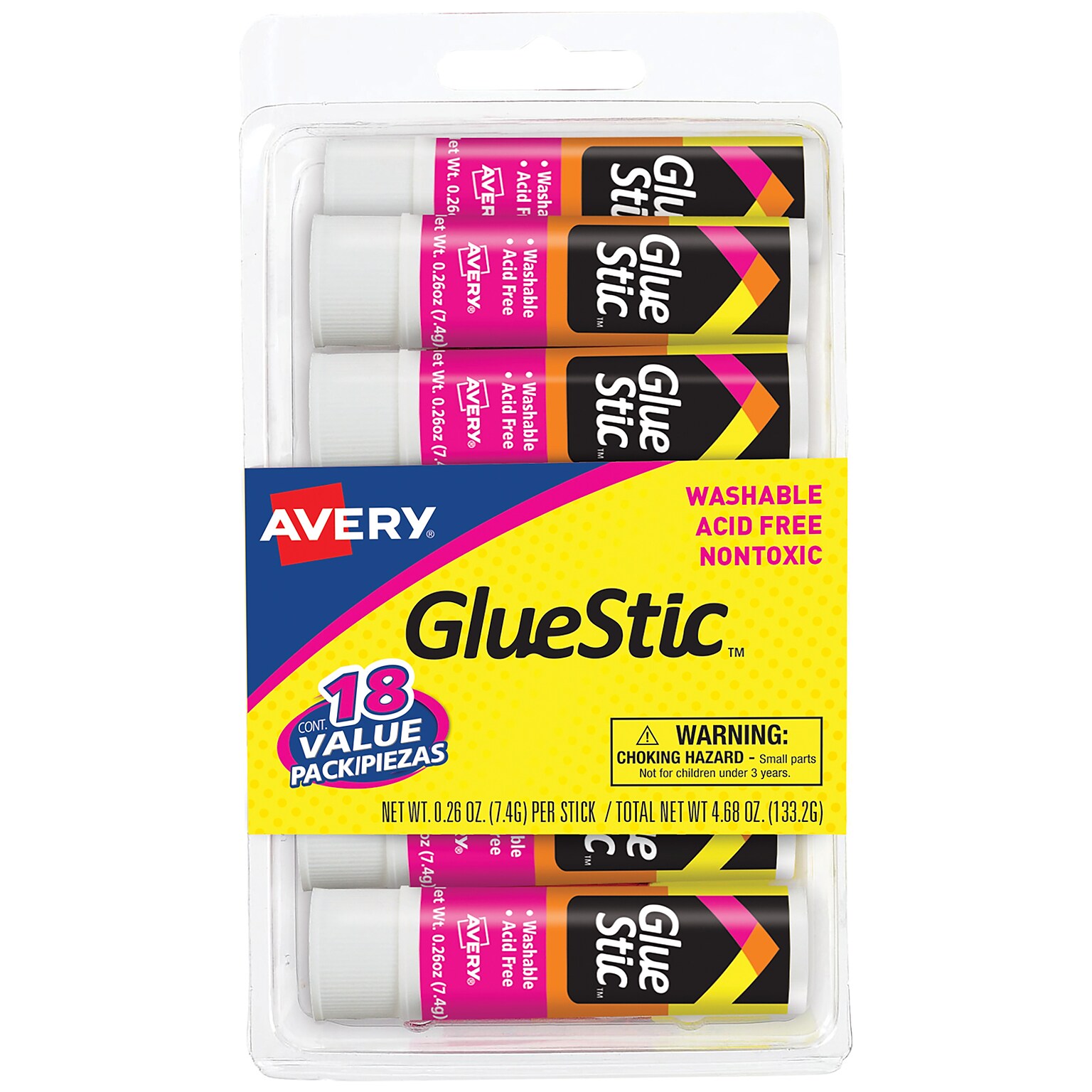 Avery Glue Stic Glue Sticks, 0.26 oz., White, 18/Pack (98089)