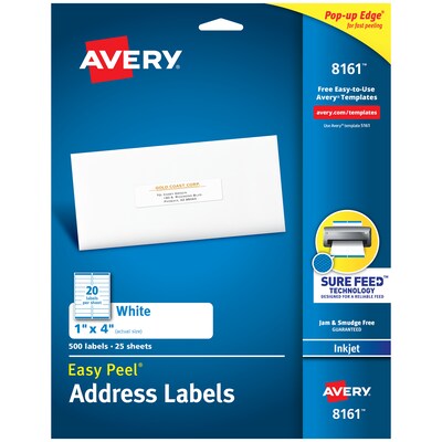 Avery Easy Peel Inkjet Address Labels, 1 x 4, White, 20 Labels/Sheet, 25 Sheets/Pack, 500 Labels/P