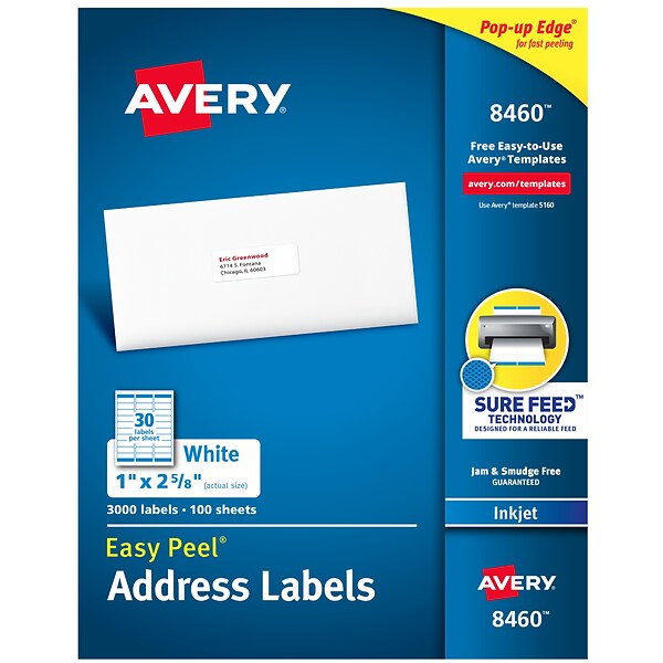 Avery Easy Peel Inkjet Address Labels, 1 x 2-5/8, White, 30 Labels/Sheet, 100 Sheets/Box, 3000 Labels/Box (8460)