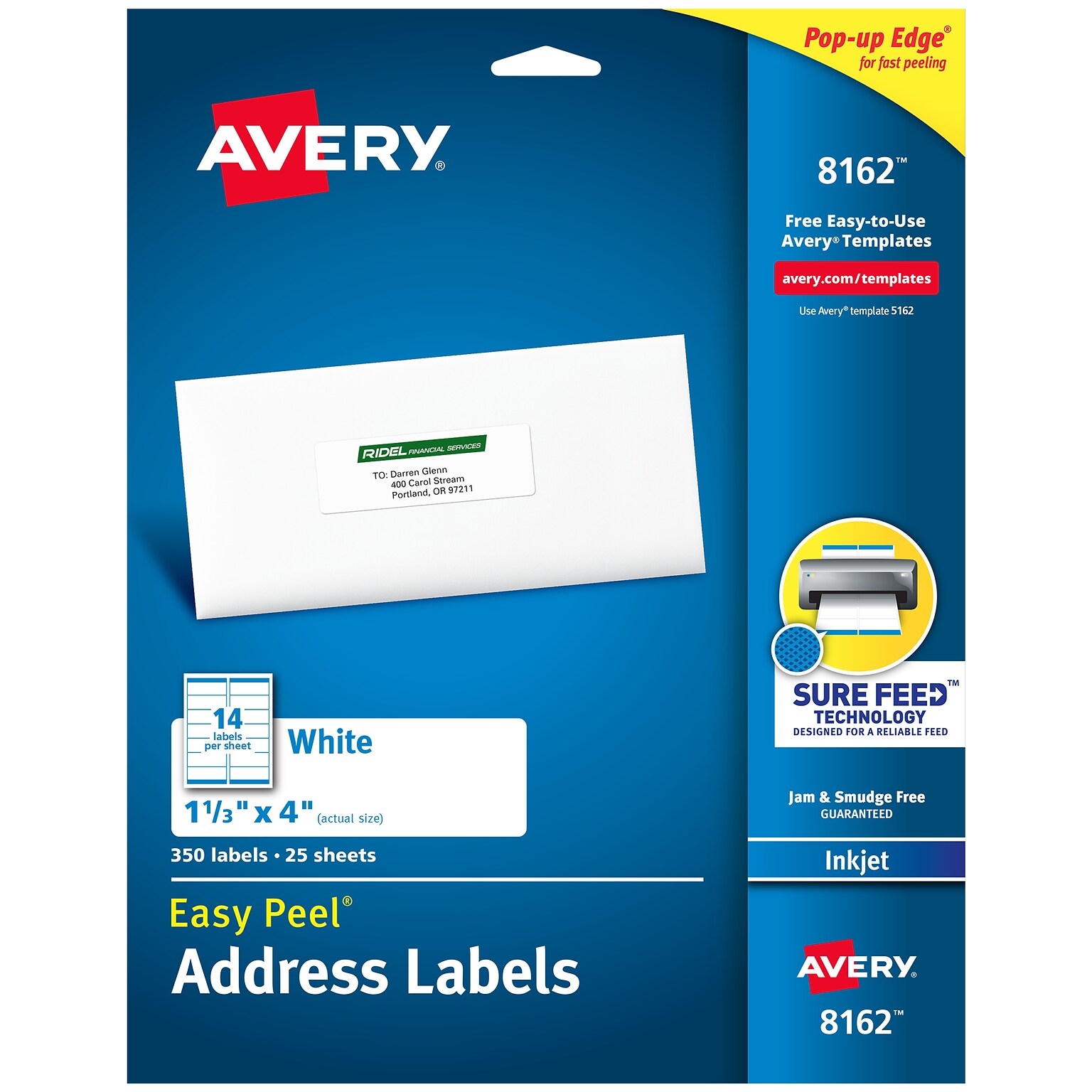 Avery Easy Peel Inkjet Address Labels, 1-1/3 x 4, White, 14 Labels/Sheet, 25 Sheets/Pack, 350 Labels/Pack (8162)