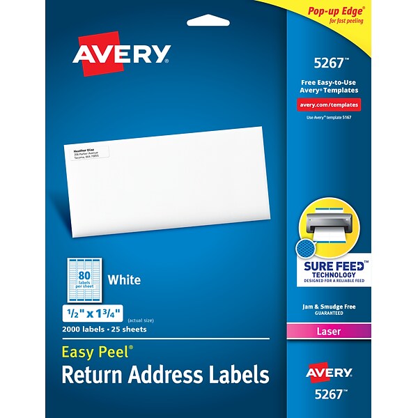 Avery Easy Peel Laser Return Address Labels, 1/2 x 1-3/4, White, 80 Labels/Sheet, 25 Sheets/Pack, 2000 Labels/Pack (5267)