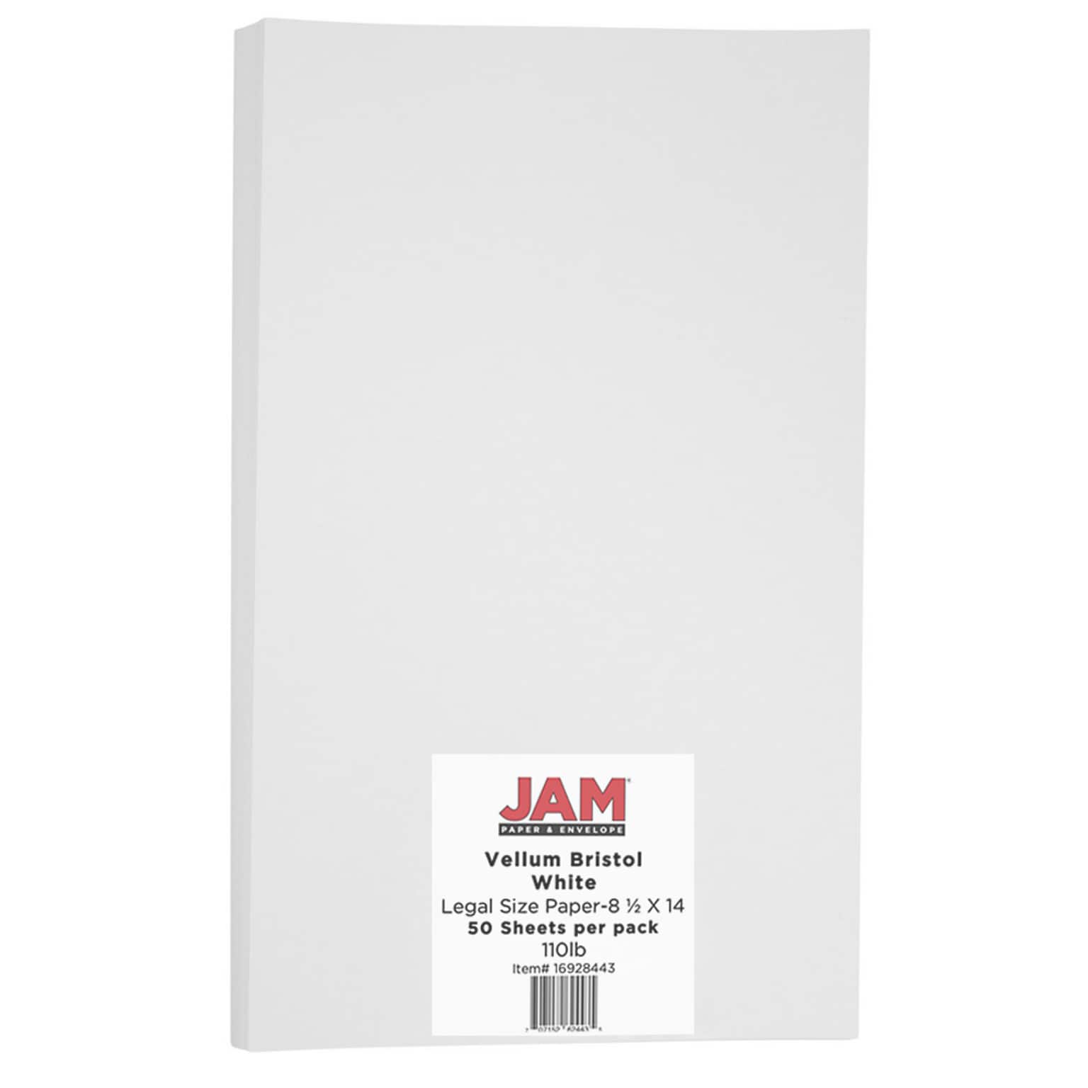 JAM Paper Legal Vellum Bristol Index Paper, 110 lbs., 8.5 x 14, White, 50/Pack (16928443)