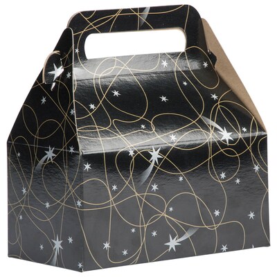 JAM Paper® Gable Gift Box with Handle, Small, 3 1/4 x 6 x 3, Black Shooting Stars Design, Sold Individually (4353509)