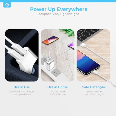 Overtime 3PC Kit Lightning Charging Kit/Bundle for iPhone/iPad/iPod Touch, White (DAC3IN1)