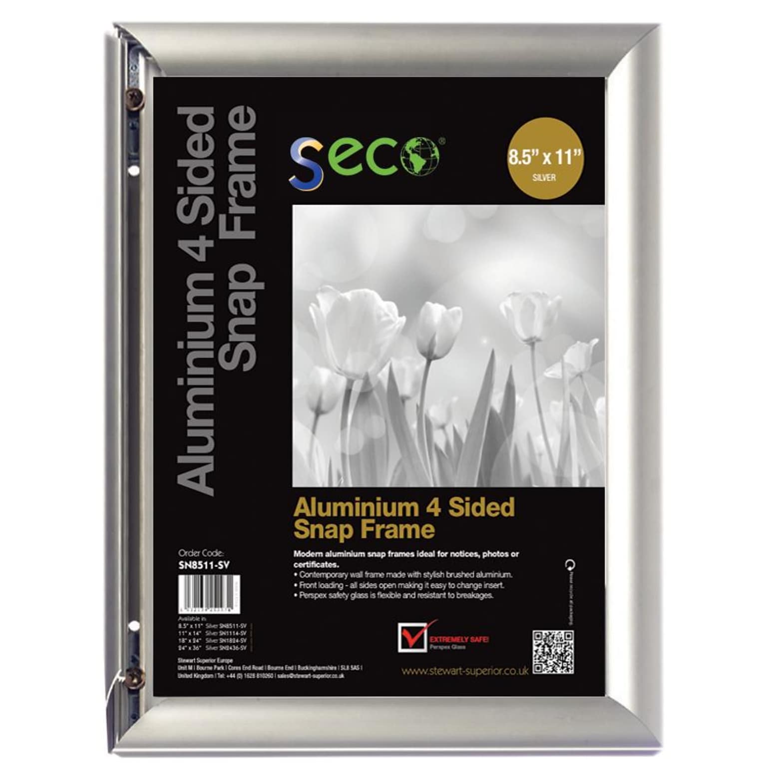 Seco Front Load Easy Open Snap Poster Frame, 8.5 x 11, Silver Anodised Aluminium (SN8511-SV)