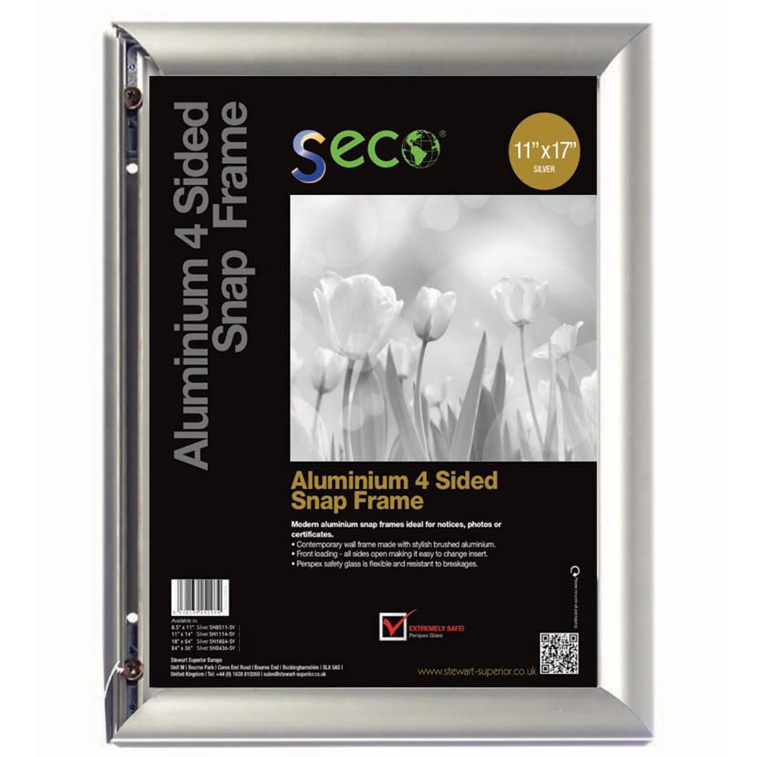 Seco® Front Load Easy Open Snap Poster Frame, 11 x 17, Silver Anodized Aluminum (SN1117-SV)