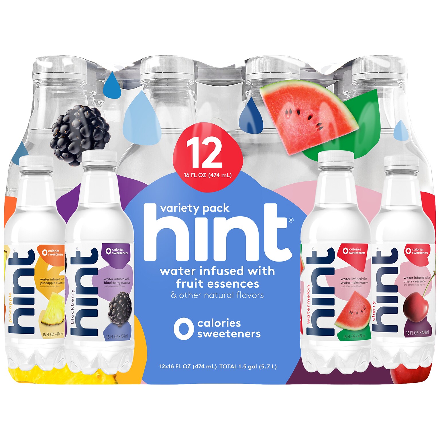 Hint Starter Pack Flavored Water, 16 oz., 12 Bottles/Carton (00149)
