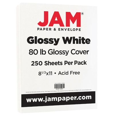 JAM Paper JAM PAPER Colored 80lb Cardstock, Glossy 2 Sided, 8.5 x 11  Coverstock, White, 100 Sheets/Ream at