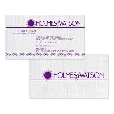 Custom 1-2 Color Business Cards, CLASSIC® Linen Solar White 80#, Flat Print, 1 Custom Ink, 2-Sided,