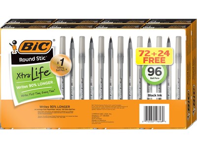 BIC Round Stic Xtra Life Ballpoint Pen, Medium Point, Black Ink, 96/Pack (WX9ST227-BLK)