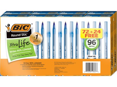 BIC Round Stic Xtra Life Ballpoint Pen, Medium Point, Blue Ink, 96/Pack (WX9ST228-BLU)