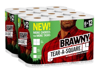 Brawny Tear-A-Squar Kitchen Rolls Paper Towels, 2-Ply, 128 Sheets/Roll, 6 Rolls/Pack, 2 Packs/Carton (44249P)