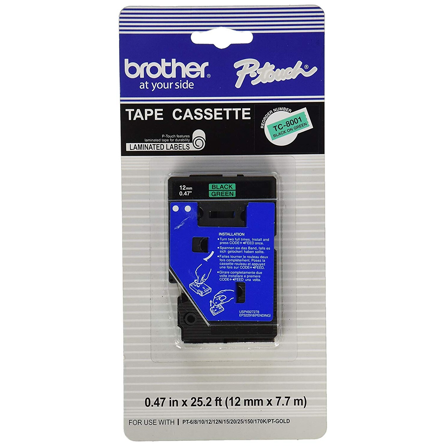 Brother TC TC-8001 Printer Label, 1/2W, Black on Green