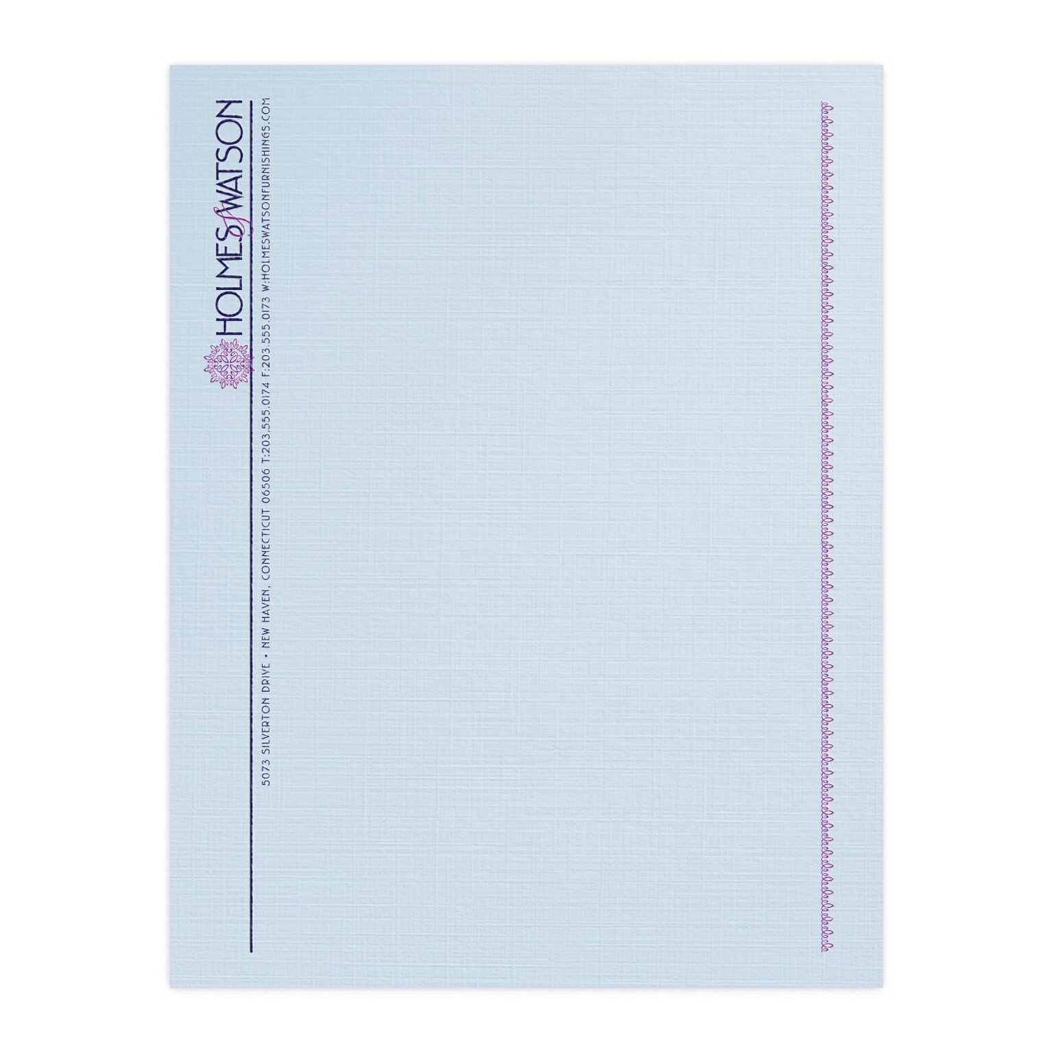 Custom 1 & 2 Color Letterhead, 8.5 x 11, CLASSIC® Linen Haviland Blue 24# Stock, 2 Custom Inks, Raised Print