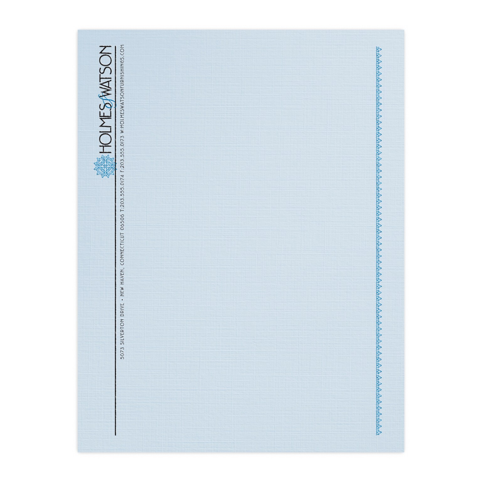 Custom 1 & 2 Color Letterhead, 8.5 x 11, CLASSIC® Linen Haviland Blue 24# Stock, 2 Standard Inks, Raised Print