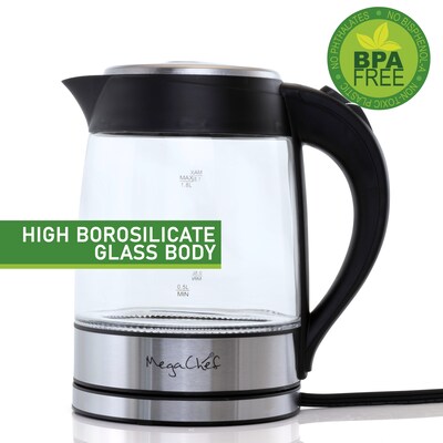 Mega Chef Glass/Stainless Steel Electric Tea Kettle, 1.8 Liter, Black/Silver (93596270M)