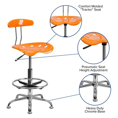 Flash Furniture Low Back Polymer Drafting Stool With Tractor Seat, Vibrant Orange