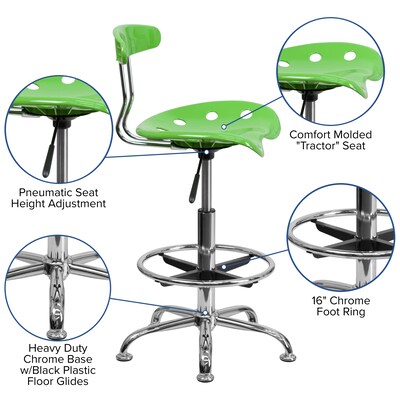 Flash Furniture Chrome Low Back Drafting Stool With Tractor Seat, Vibrant Apple Green