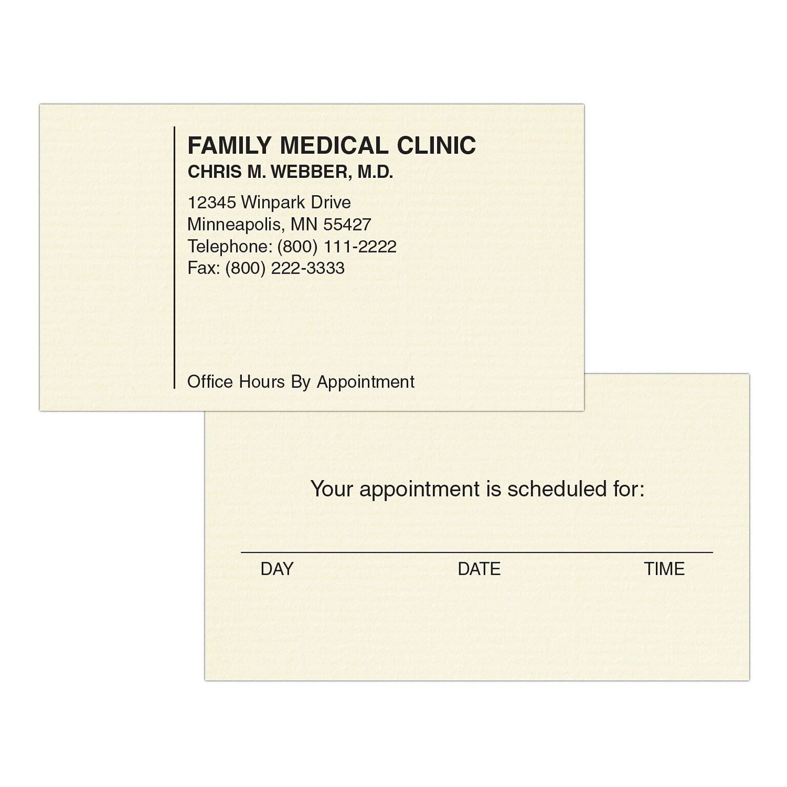 Custom 1-2 Color Appointment Cards, CLASSIC® Laid Baronial Ivory 80#, Flat Print, 1 Standard Ink, 2-Sided, 250/Pk