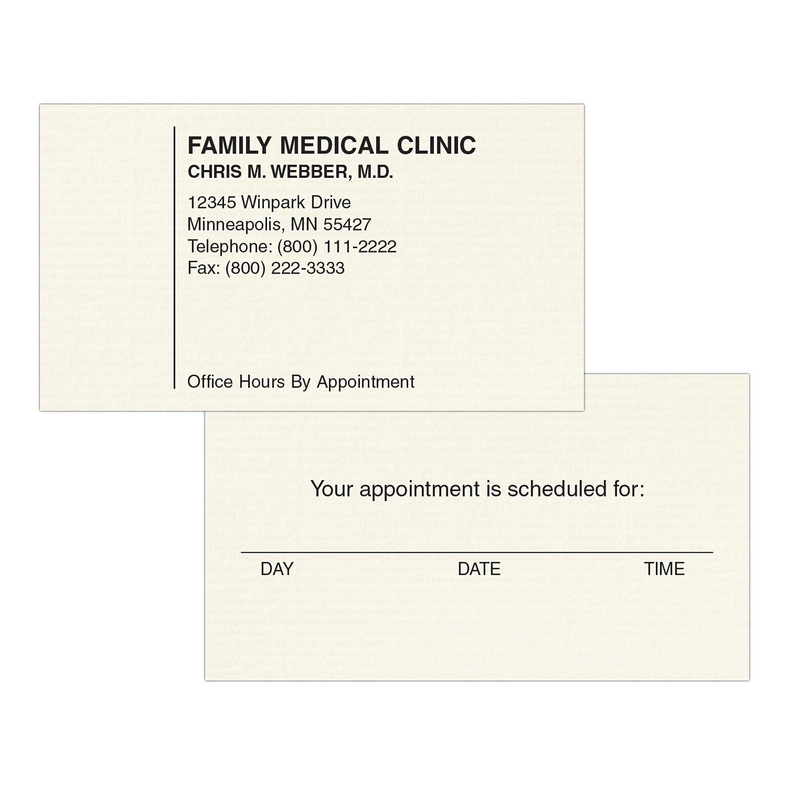 Custom 1-2 Color Appointment Cards, CLASSIC® Laid Natural White 80#, Flat Print, 1 Standard Ink, 2-Sided, 250/Pk