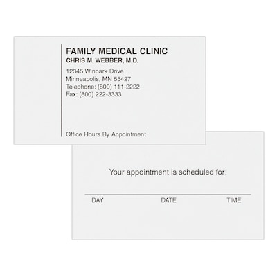 Custom 1-2 Color Appointment Cards, White Vellum 80#, Raised Print, 1 Standard Ink, 2-Sided, 250/Pk