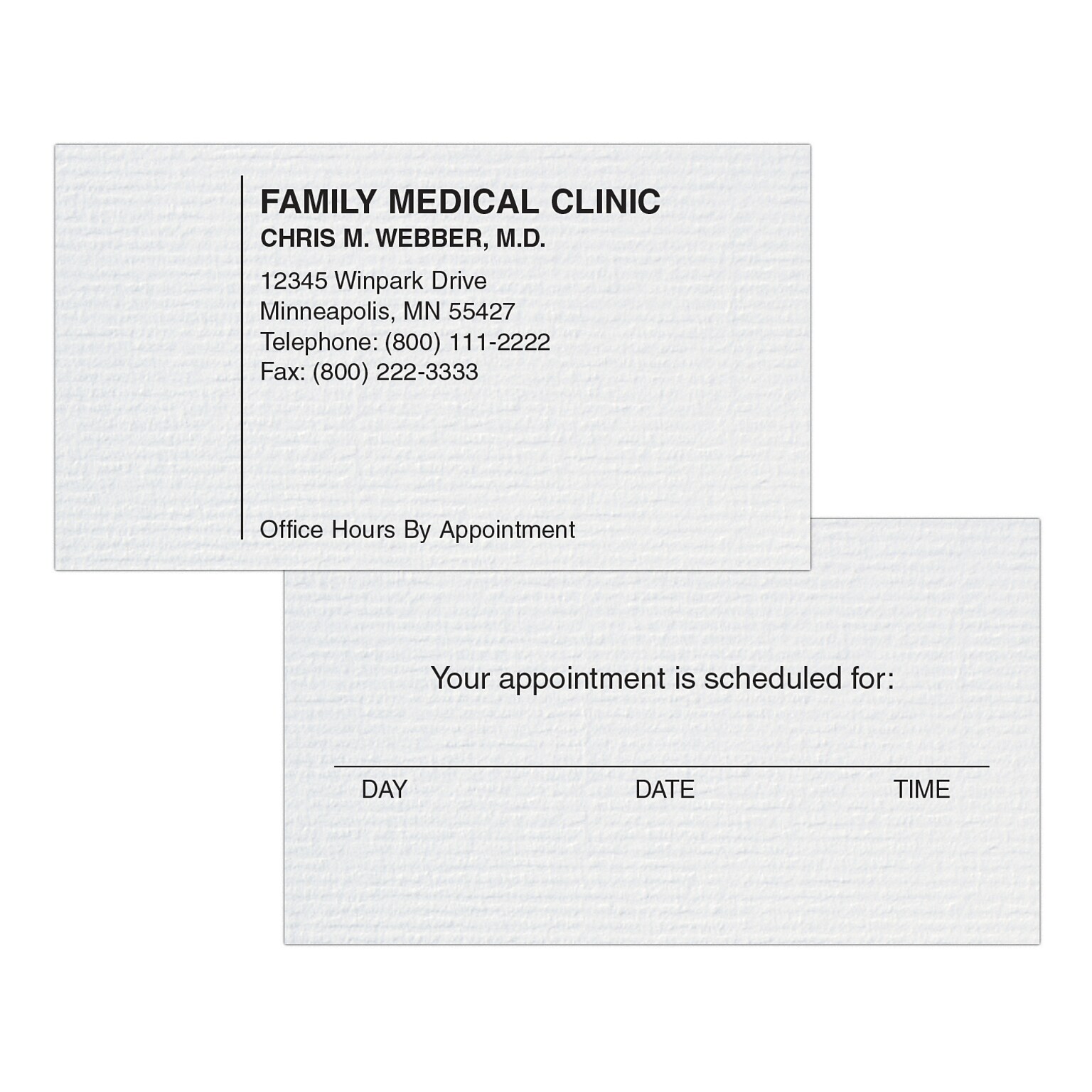 Custom 1-2 Color Appointment Cards, CLASSIC® Laid Solar White 80#, Flat Print, 1 Standard Ink, 2-Sided, 250/Pk