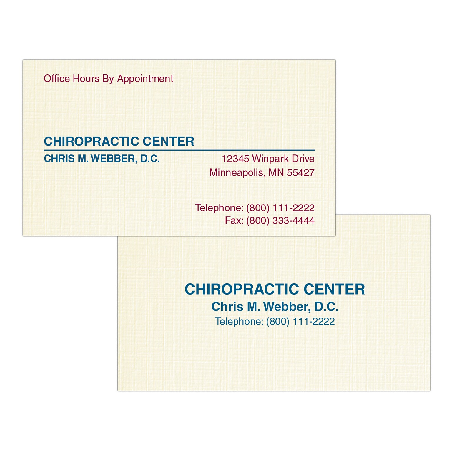 Custom 1-2 Color Appointment Cards, CLASSIC® Linen Baronial Ivory 80#, Flat Print, 2 Custom Inks, 2-Sided, 250/Pk
