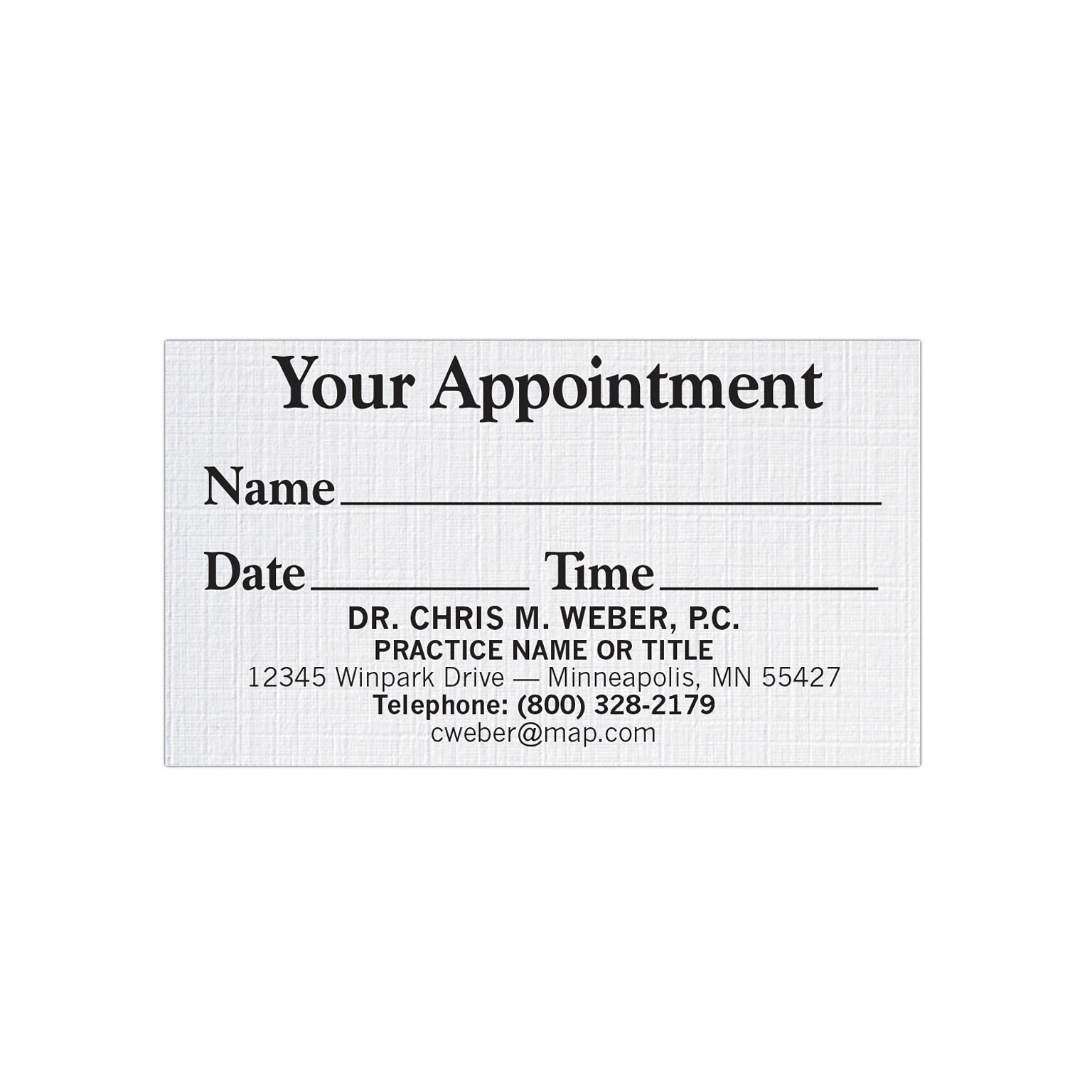 Custom 1-2 Color Appointment Cards, CLASSIC® Linen Solar White 80#, Flat Print, 1 Standard Ink, 1-Sided, 250/Pk